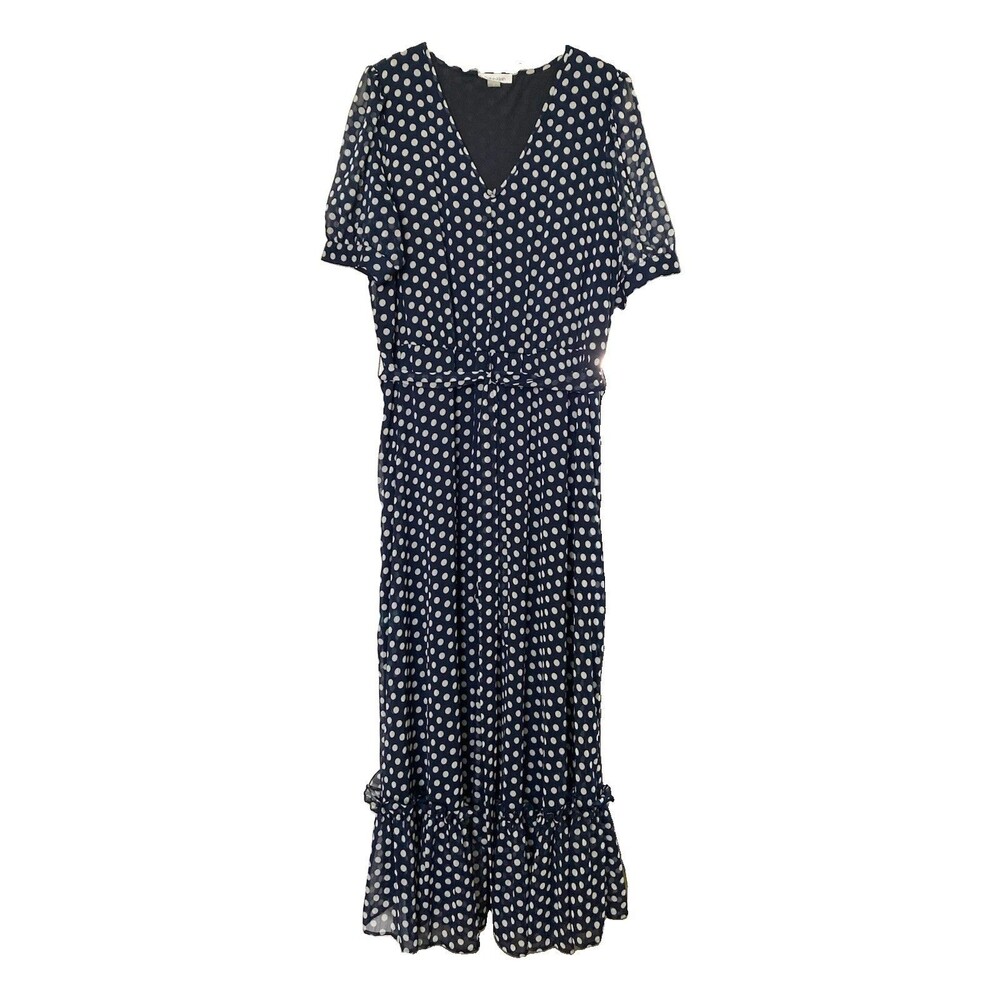 NEW Calvin Klein Polka Dot Maxi Dress 12 Navy Blue Sheer Short Sleeve